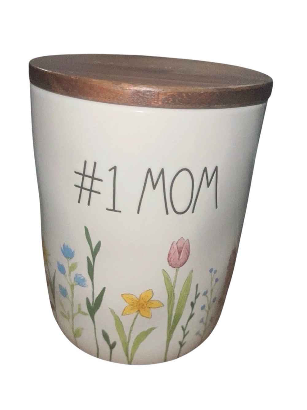 Rae Dunn #1 Mom Ceramic Canister Cellar Jar Floral with Wood Lid